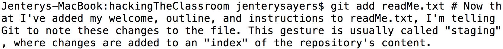 Screen shot of the command line: A working tree or index of changes develops over time